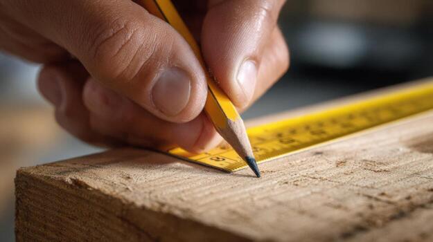 A close-up of a hand marking a measurement on a wooden plank with a pencil and ruler, highlighting precision in woodworking. photo