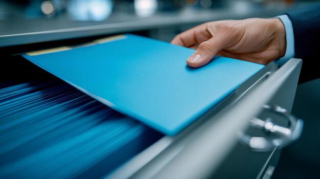 A businessman, dressed in a suit, organizing blue files in a modern office drawer, showcasing a neat workspace. photo