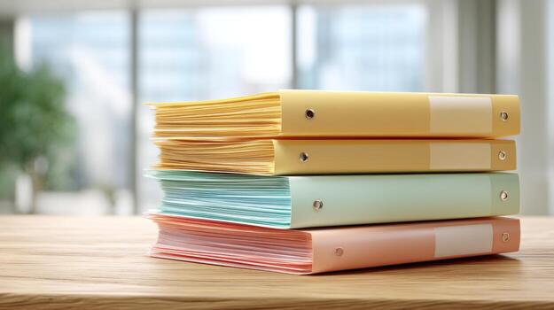 A stack of colorful folders in pastel shades, neatly arranged on a wooden desk, with a blurred modern office background. photo