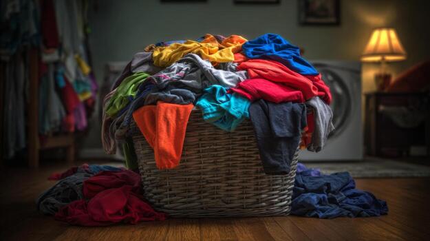 A colorful pile of laundry in a woven basket, brimming with various shirts and garments, creating a vibrant and chaotic home atmosphere. photo