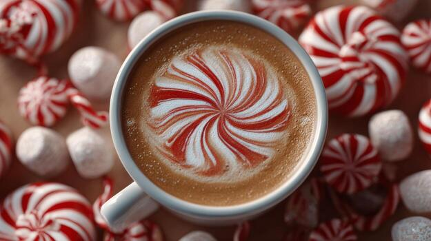 A festive latte topped with peppermint swirl design, surrounded by colorful peppermint candies and marshmallows. photo