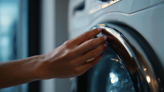 A close-up of a hand touching the chrome trim of a washing machine, illustrating modern home appliances in a bright setting. photo