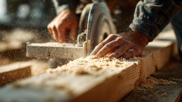 A skilled carpenter, focused on precision, uses a circular saw to cut wood, surrounded by a cloud of sawdust in a workshop. photo
