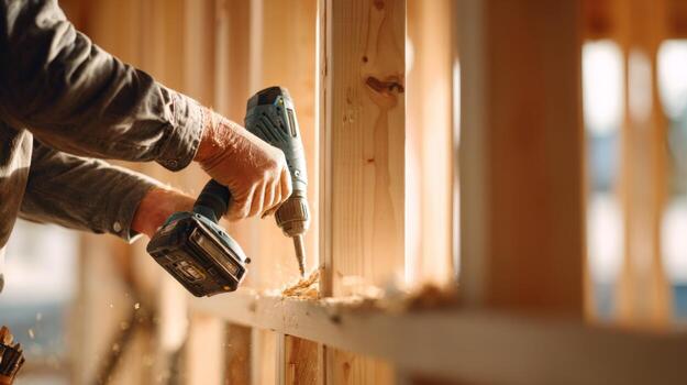 A close-up of a male carpenter using a cordless drill on wooden framing in a workshop, showcasing craftsmanship and dedication. photo