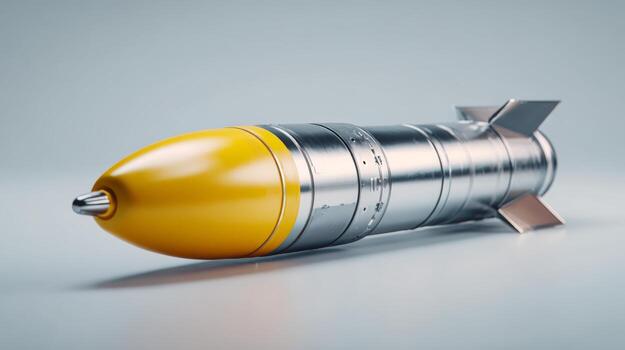 A sleek, metallic missile model with a bright yellow nose cone, set against a soft, neutral background. Ideal for military or technology themes. photo