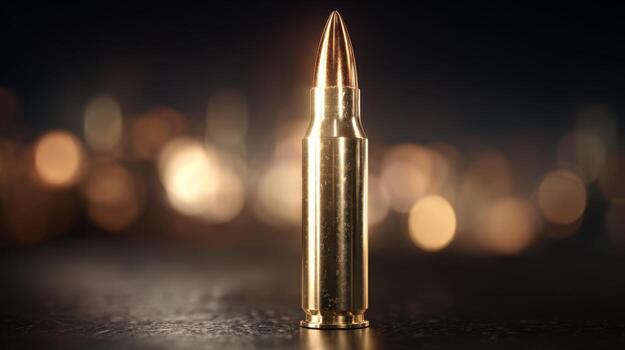 Close-up of a shiny brass bullet with a golden tip, set against a blurred background creating an intriguing atmosphere. photo