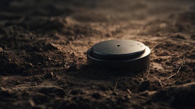 A close-up of a landmine resting on the ground, surrounded by earthy tones and dirt, highlighting the ominous nature of unexploded ordnance. photo