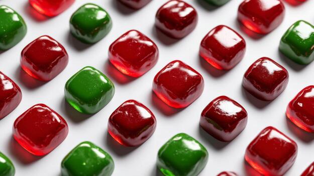 Vibrant red and green gummy candies arranged in a playful pattern, perfect for festive occasions. photo