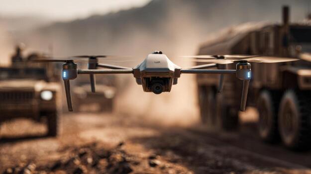 A sleek drone hovers in the foreground, with military vehicles in the background, set against a dusty, rugged terrain. photo