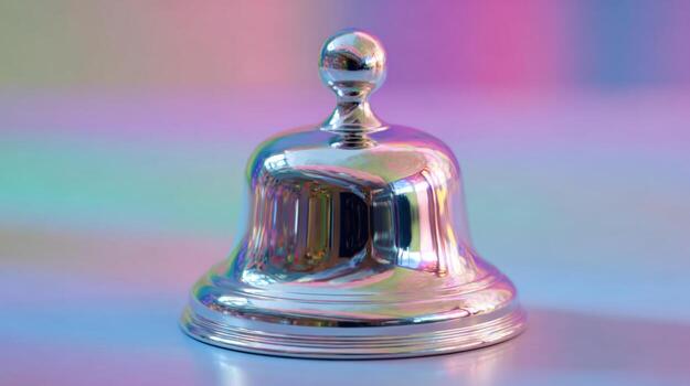 A shiny silver service bell reflecting soft colorful lights, resting on a smooth surface. photo