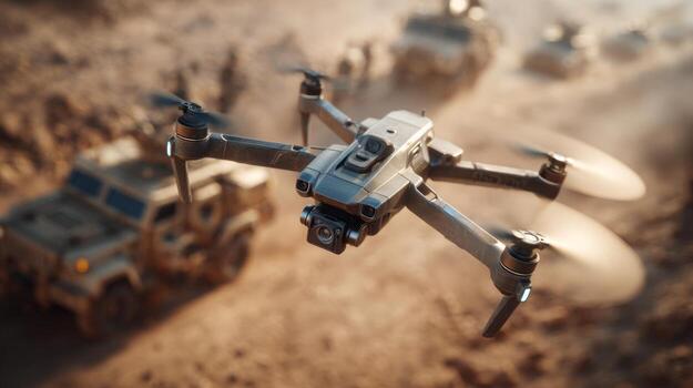 A sleek metallic drone hovers above rugged terrain, capturing details of military vehicles in the background. photo