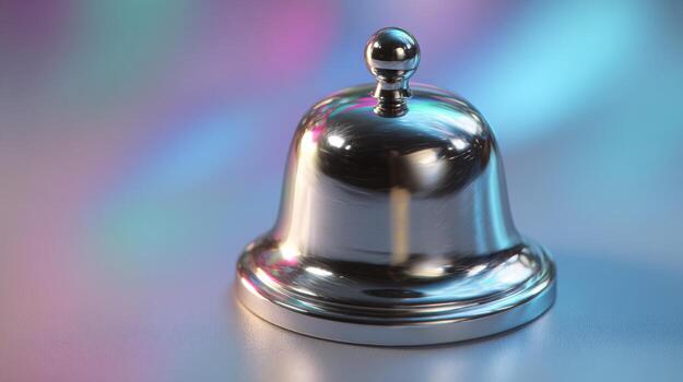 A polished metallic service bell shines against a vibrant, colorful background, creating a lively atmosphere. photo