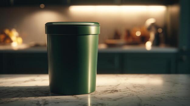A sleek green container on a marble surface, illuminated by warm kitchen light, creating a cozy and inviting atmosphere. photo