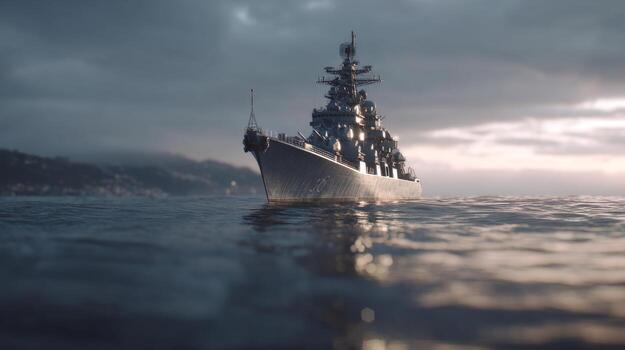 A majestic warship emerges from the calm waters under a moody sky, showcasing its powerful structure and naval prowess. photo