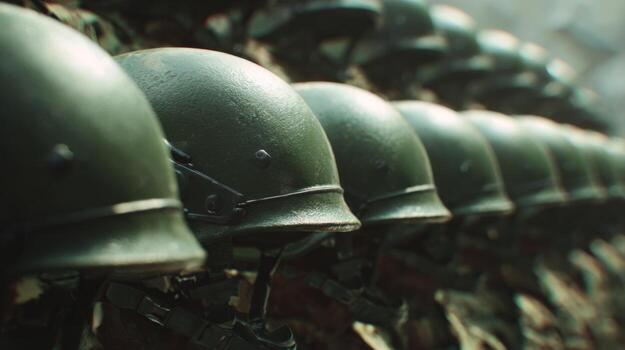 A row of military helmets reflecting a sense of readiness and discipline. photo