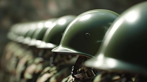 A row of green military helmets stands in formation, symbolizing discipline and readiness in a military setting. photo