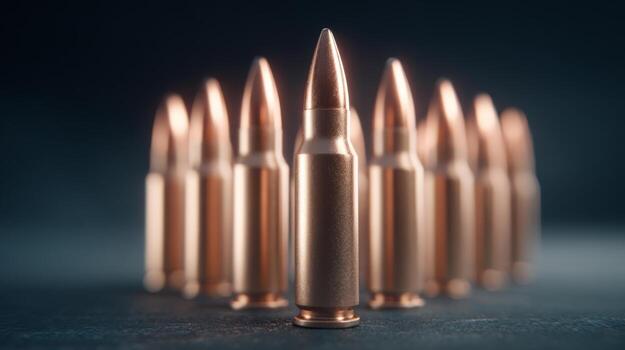 A close-up of shiny copper bullets arranged in a circular pattern on a dark background, symbolizing power and precision. photo