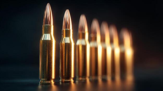 Close-up of shiny, metallic bullets lined up against a dark backdrop, highlighting their sleek design and golden casings. photo