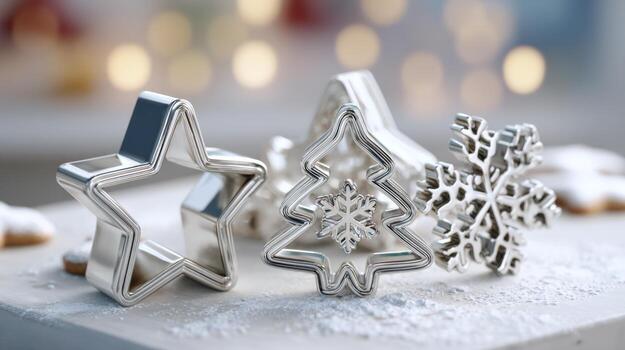 Festive metallic cookie cutters in star, Christmas tree, and snowflake shapes, resting on a snowy white surface, ready for holiday baking. photo