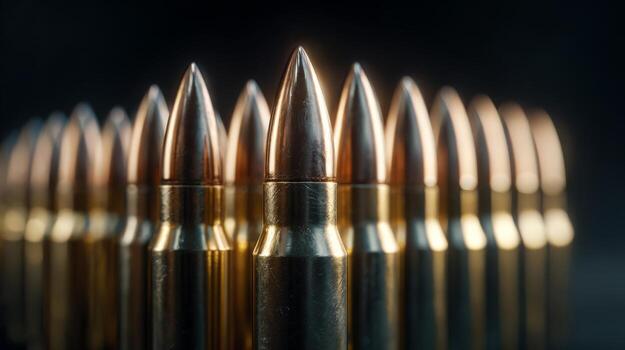 Close-up shot of a row of shiny brass bullet shells with copper tips, highlighting their metallic sheen and intricate details. photo