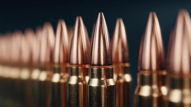 Close-up of shiny copper-tipped bullets arranged in a row, showcasing their sleek design and metallic sheen. photo