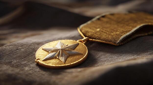 A close-up of a gold medal with a star design, symbolizing achievement and honor on a textured fabric background. photo