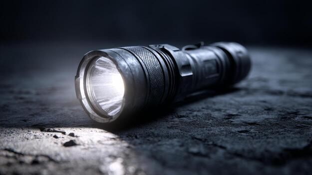 A close-up of a flashlight casting a beam of light on a textured surface, creating a dramatic contrast in the shadows. photo