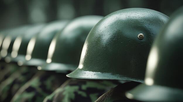 A row of green military helmets, symbolizing discipline and unity among soldiers during training exercises. photo