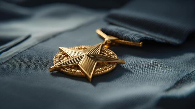 Close-up of a golden star medal resting on a textured blue fabric, symbolizing honor and achievement. photo