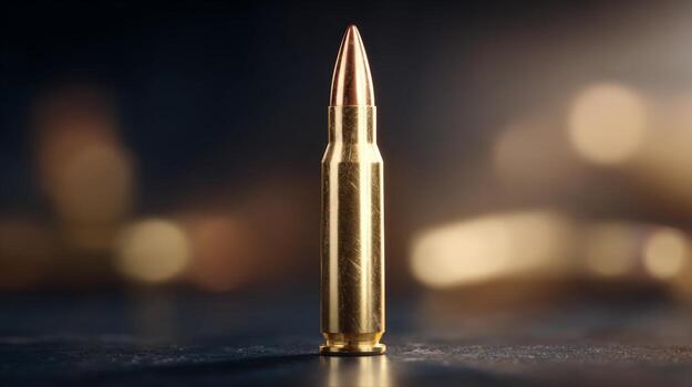 A close-up of a shiny, brass bullet cartridge set against a blurred background, evoking themes of precision and power. photo