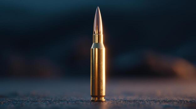 A close-up view of a shiny, golden bullet standing upright against a blurred dark background. photo