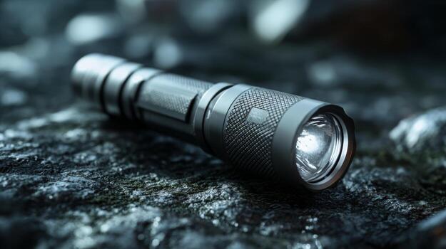 A sleek metallic flashlight resting on a rocky surface, emphasizing its design and functionality. photo