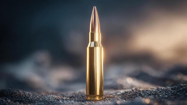 A close-up of a shiny brass bullet casing standing upright on a textured surface, highlighting its polished finish and sharp tip. photo