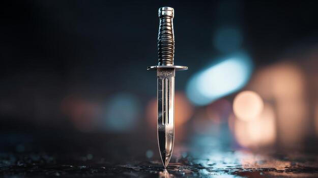 Close-up of a sleek silver knife with a textured handle, set against a blurred bokeh background, evoking a sense of mystery and intrigue. photo