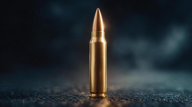 A close-up of a gleaming bullet standing upright against a dark, atmospheric background, highlighting its metallic details. photo