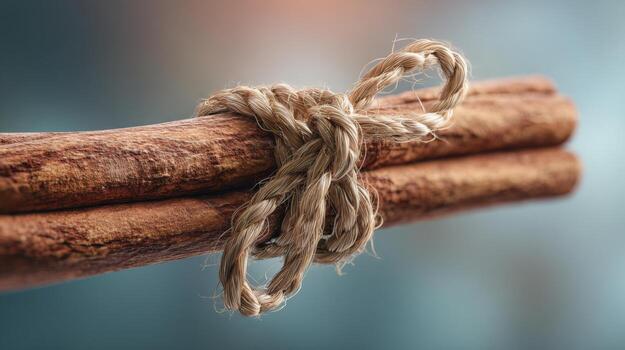 Two cinnamon sticks tied together with natural twine, creating a rustic and aromatic display. photo