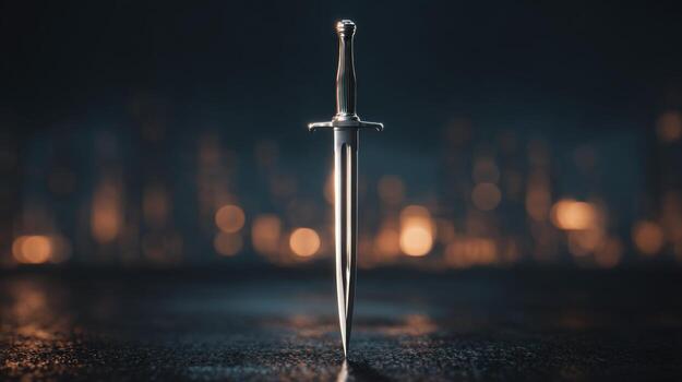 A gleaming silver dagger stands prominently against a blurred, moody background, evoking a sense of mystery and intrigue. photo