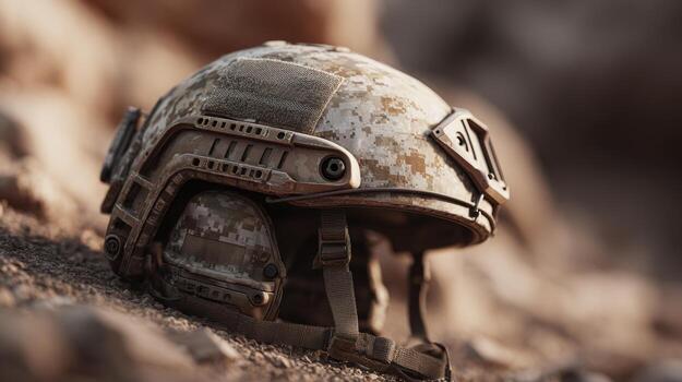 A tactical military helmet positioned on rocky terrain, showcasing a camouflaged pattern and advanced features, ideal for combat scenarios. photo