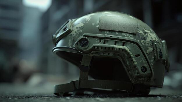 A close-up of a military tactical helmet resting on the ground, showcasing its camouflaged design and intricate details. photo