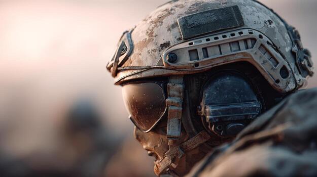 Close-up of a military soldier in tactical gear, showcasing determination and readiness in a dusty environment. photo