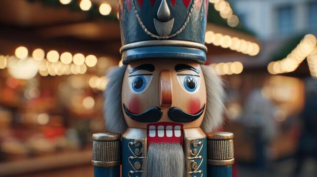 A close-up of a colorful wooden nutcracker soldier with charming features, set against a warm, festive backdrop with soft lights. photo