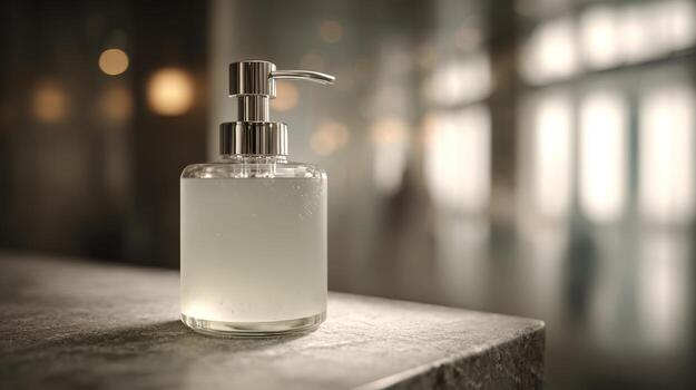 elegante vaso jabón dispensador en un baño encimera con un borroso fondo, agregando un toque de sofisticación. foto