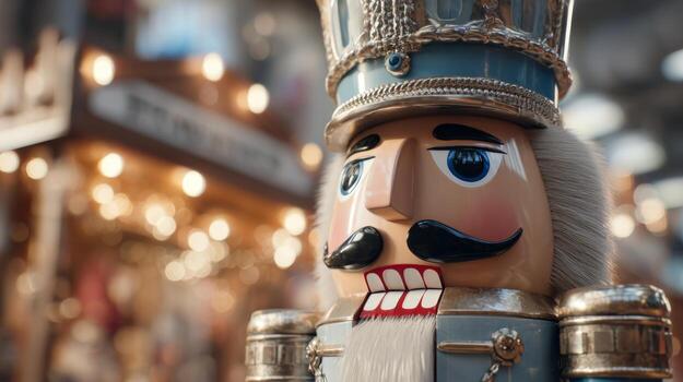 A classic nutcracker figurine with a regal crown and a charming smile, set against a festive background. photo