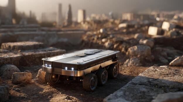 A futuristic robotic vehicle explores an ancient archaeological site, showcasing technology's intersection with history. photo