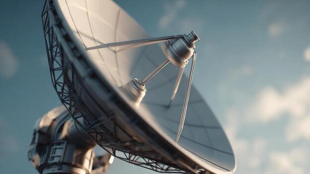 Close-up of a satellite dish against a clear sky, showcasing intricate engineering and technology in communications. photo