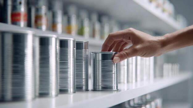 A close-up of a hand selecting a can from a neatly organized shelf of canned goods. photo