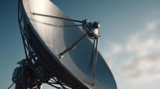 Close-up of a satellite dish with intricate structural details, reflecting the sky's hues, showcasing advanced communication technology. photo