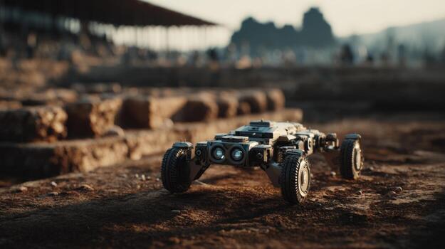 A futuristic robotic vehicle exploring an ancient archaeological site during sunset, blending technology and history. photo