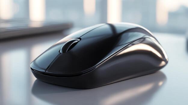 A sleek black wireless computer mouse on a glossy surface, showcasing modern design and advanced functionality. photo