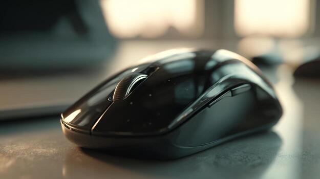 A sleek black computer mouse sits on a desk, illuminated by soft natural light, emphasizing its modern design and smooth surface. photo
